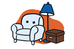 Sofa, lampe og flyttekasse