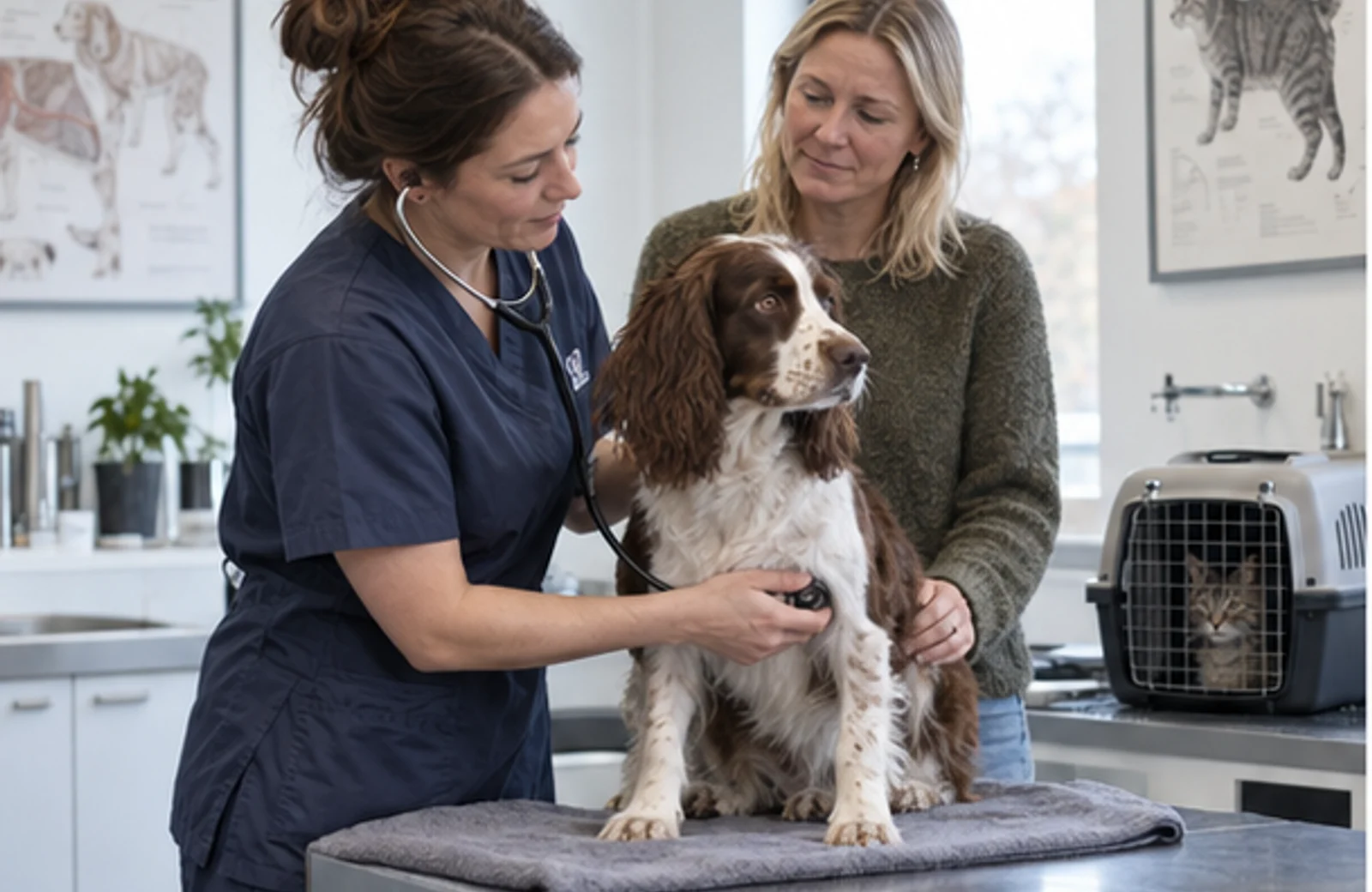 En dyrlæge undersøger en hund, mens ejeren står ved siden af