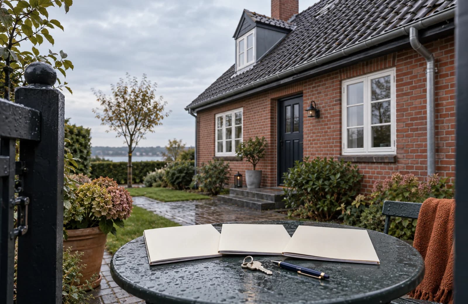Et dansk murstenshus med tre mapper til forsikringstilbud