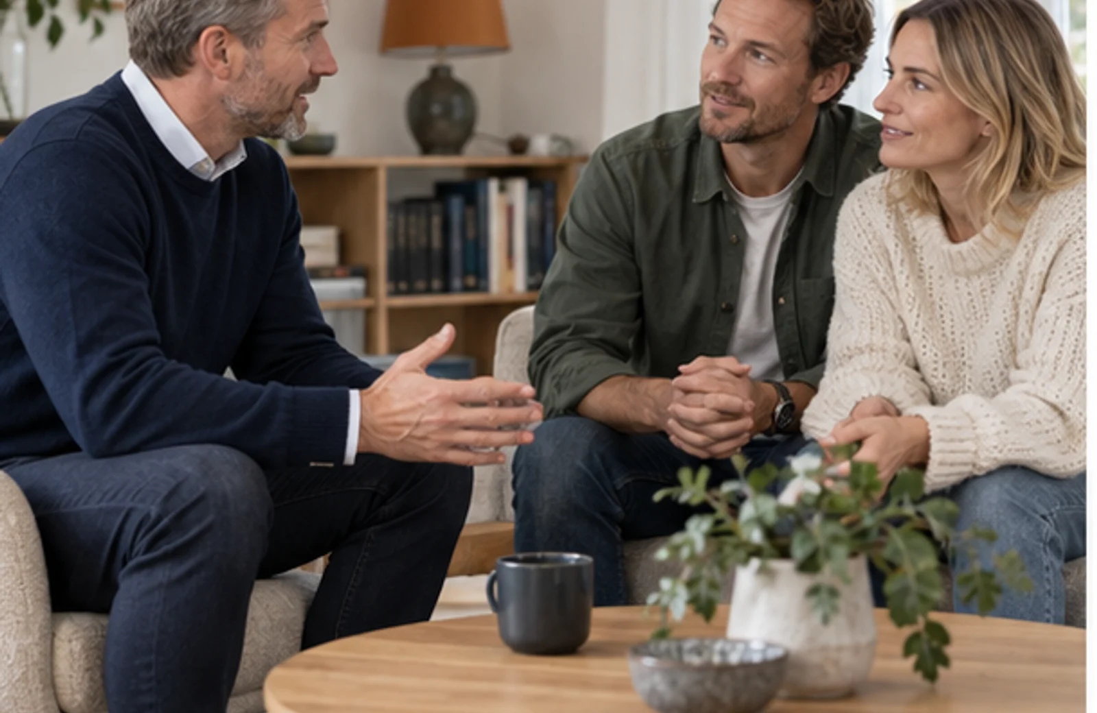 En lokal forsikringsrådgiver taler med et par i deres hjem