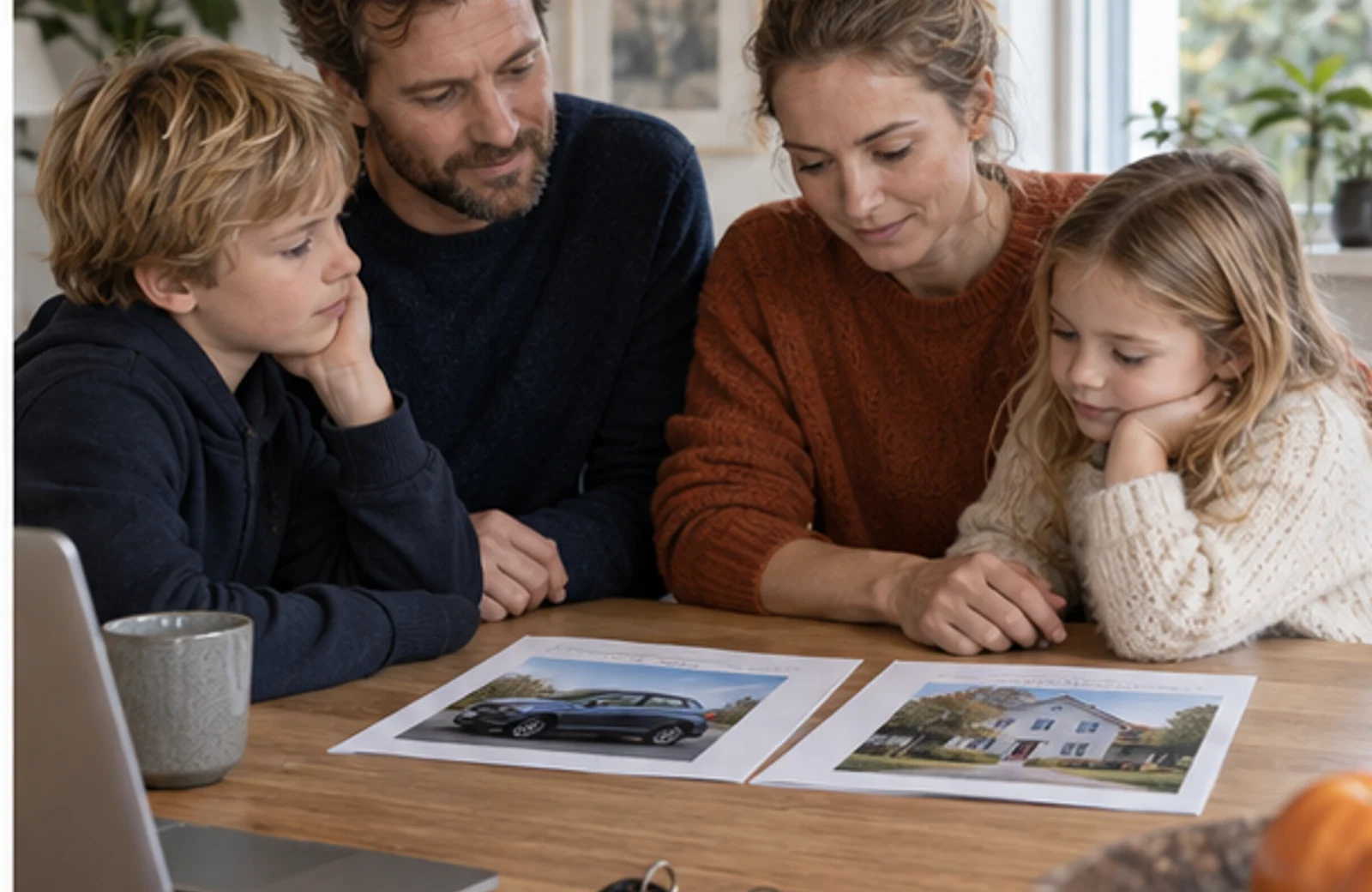 En familie gennemgår tilbud på bil- og boligforsikring