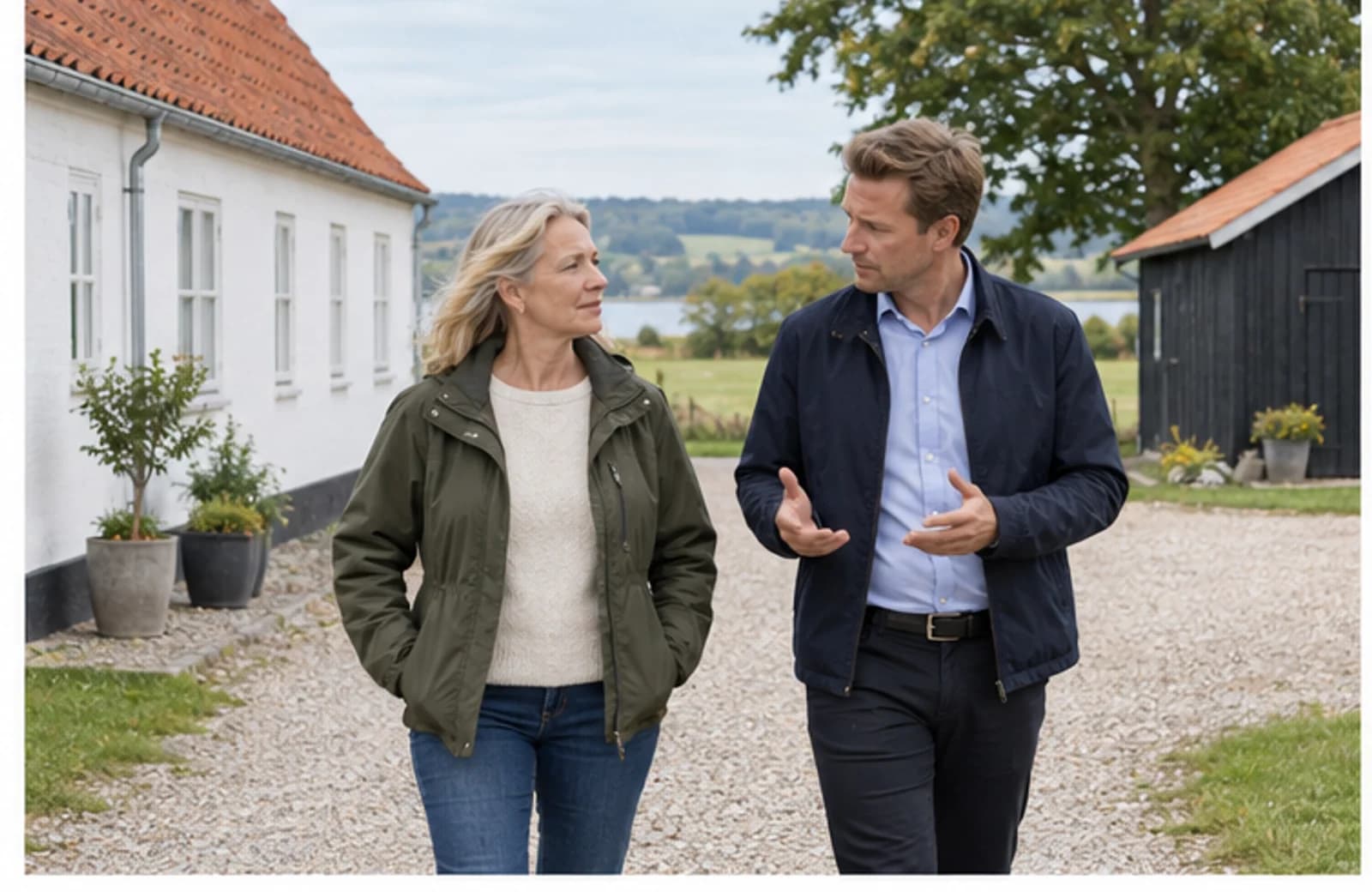 En forsikringsrådgiver taler med en familie ved en landejendom
