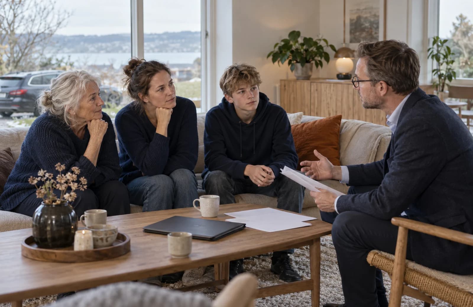 En familie og en rådgiver gennemgår flere forsikringer ved et bord