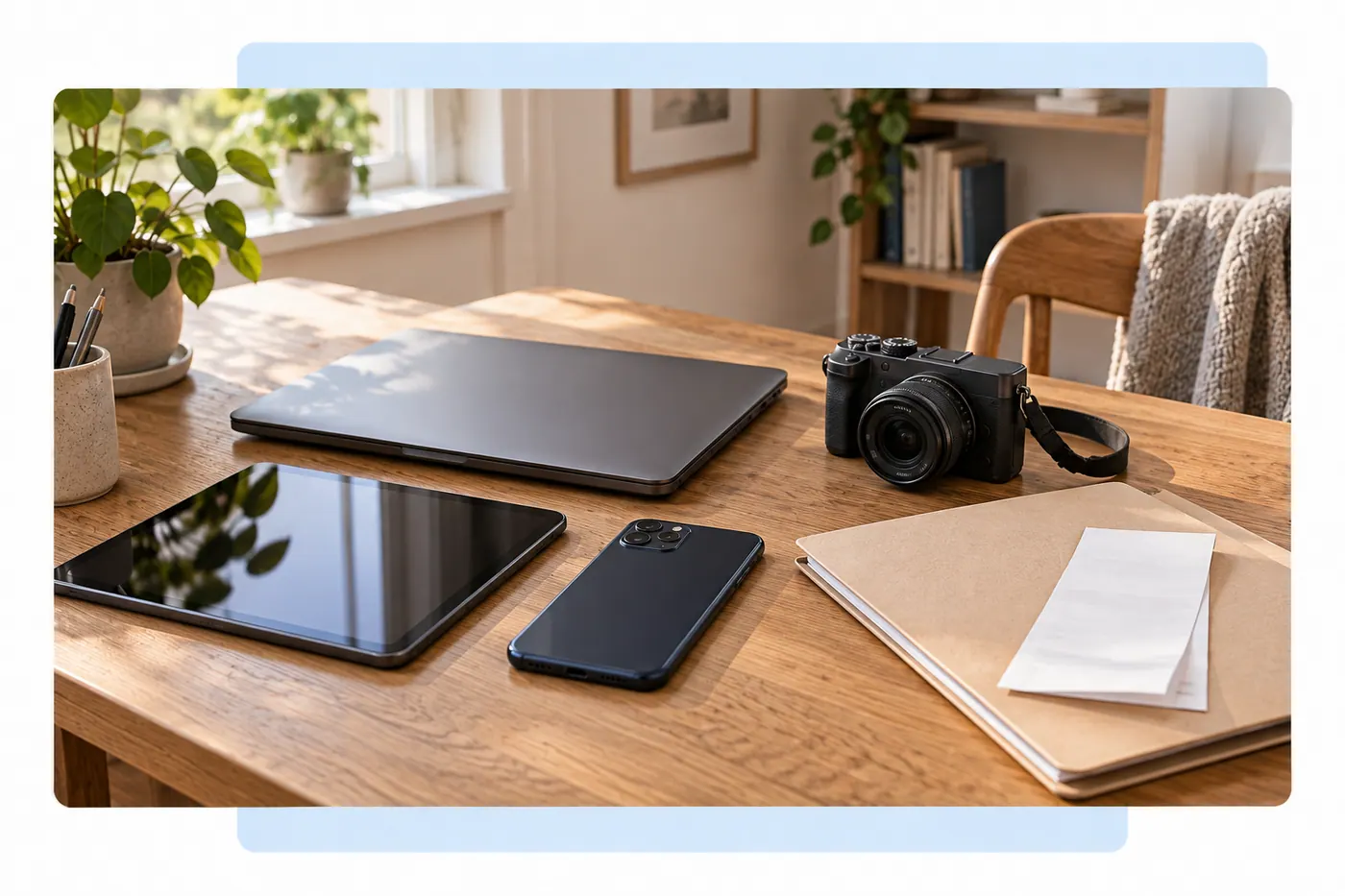 Computer, tablet, telefon og kamera står samlet ved en mappe og kvittering