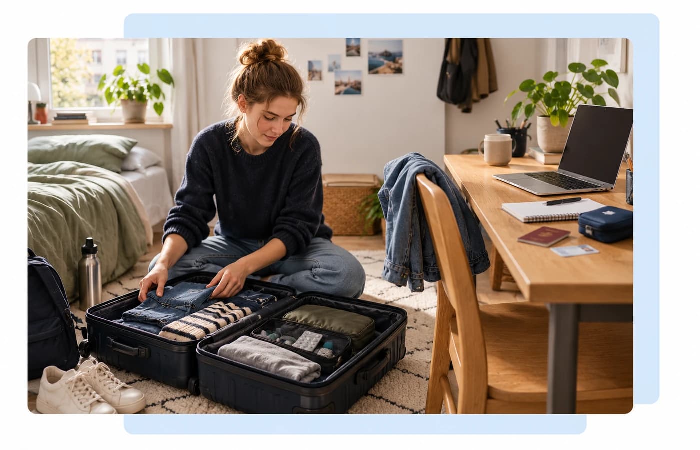 Rygsæk, computer, bøger, pas og bolignøgler til et studieophold