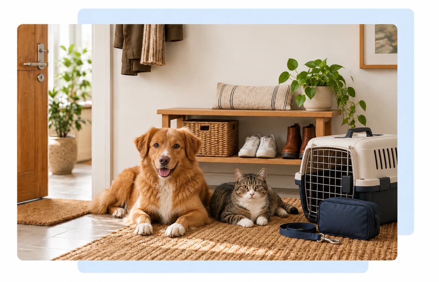 Hund, kat, transportkasse, medicin og dyrlægeudstyr samlet i et lyst miljø