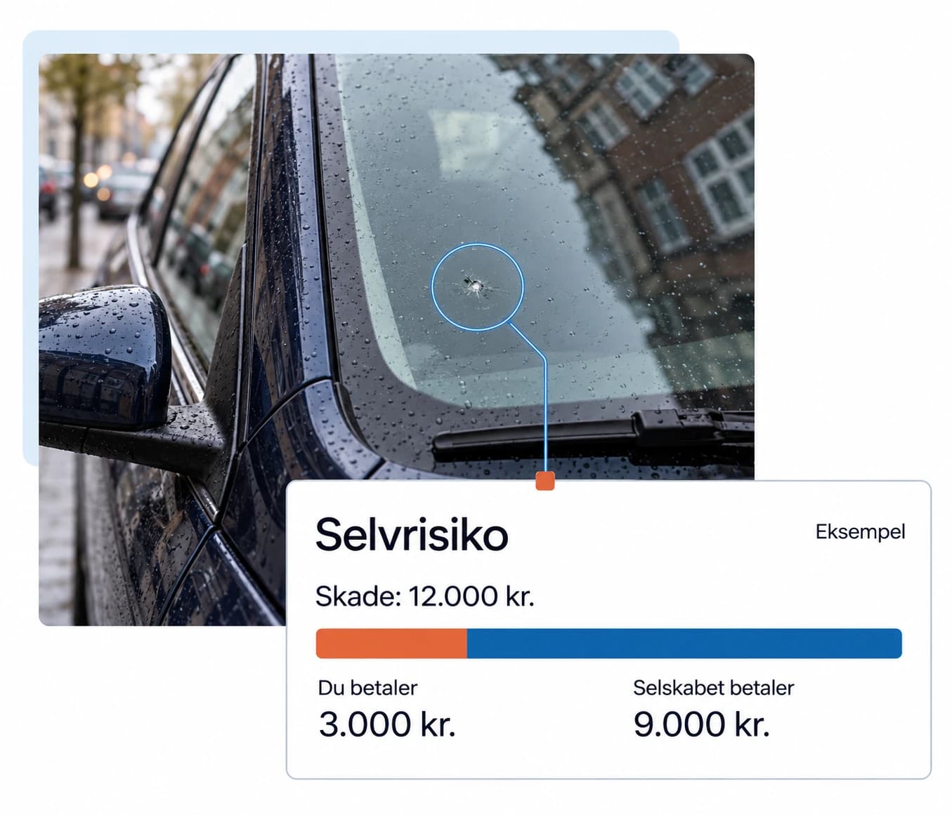 Regneeksempel: Ved en dækket skade på 12.000 kr. og 3.000 kr. i selvrisiko betaler du 3.000 kr., og selskabet betaler 9.000 kr.