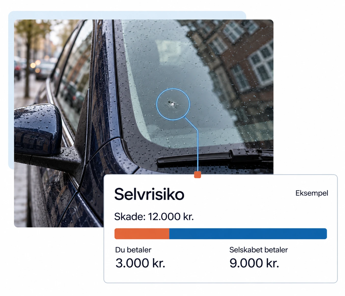Eksempel: En skade på 12.000 kr. fordeles med 3.000 kr. i selvrisiko og 9.000 kr. fra selskabet.