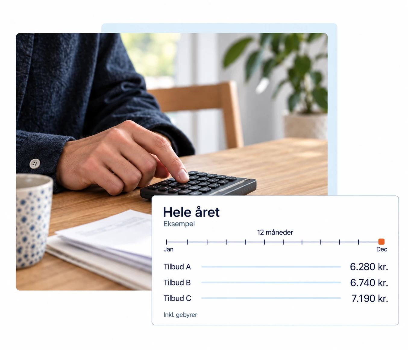 Eksempel på sammenligning af årspriser inklusive gebyrer: Tilbud A 6.280 kr., Tilbud B 6.740 kr. og Tilbud C 7.190 kr.